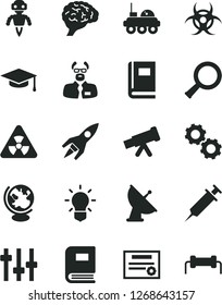 Solid Black Vector Icon Set - telescope vector, nuclear, zoom, bulb, brain, gears, settings, book, biohazard, globe, scientist, graduate hat, robot, satellite antenna, rocket, lunar rover, syringe