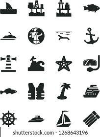 Solid Black Vector Icon Set - anchor vector, small fish, sea port, commercial seaport, lighthouse, planet, sail boat, beach, palm tree, starfish, diving mask, surfing, handwheel, life vest, jet ski