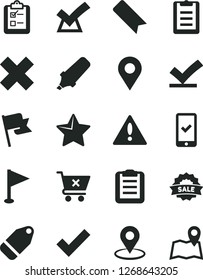 Solid Black Vector Icon Set - warning vector, bookmark, check mark, cross, pennant, star, flag, crossed cart, survey, label, location, geolocation, text highlighter, sale, clipboard, vote, confirm