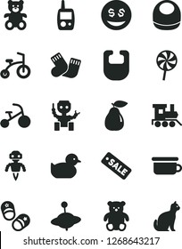 Solid Black Vector Icon Set - bib vector, baby, duckling, warm socks, toy mobile phone, children's potty, teddy bear, small, train, yule, child bicycle, tricycle, shoes, lollipop, pear, season sale