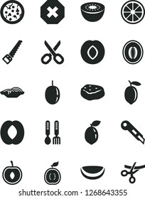Solid Black Vector Icon Set - scissors vector, mark of injury, iron fork spoons, arm saw, stationery knife, pizza, slices onion, piece meat, plum, half peach, melon, cherry, passion fruit, lemon