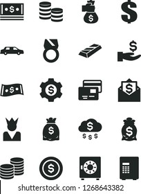 Solid Black Vector Icon Set - dollar vector, strongbox, cards, coins, get a wage, dollars, cash, gold ring, bar, money bag hand, rain, coin, gear, king, limousine, mail, safe