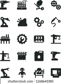 Solid Black Vector Icon Set - crane vector, gears, concrete mixer, cordless drill, gear, industrial enterprise, conveyor, canister of oil, cloth industry, tower, gas welding, robot welder, assembly