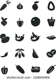 Solid Black Vector Icon Set - stick of sausage vector, slices onion, lettuce in a plate, cabbage, cucumber, chili, peper, garlic, coffee beans, quince, goji berry, Bell pepper, ripe, red, hot, beet