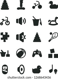 Solid Black Vector Icon Set - loudspeaker vector, rubber duck, baby duckling, bath ball, stacking rings, toy, roly poly doll, sand set, children's, rocking horse, cubes for children, child bicycle
