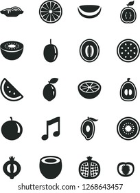 Solid Black Vector Icon Set - music vector, slices of onion, orange slice, half pomegranate, mango, melon, tangerine, loquat, passion fruit, kiwi, sour lime, guawa, piece coconut, grapefruit