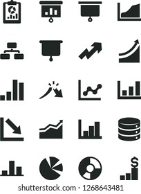Solid Black Vector Icon Set - growth up vector, graph, negative chart, histogram, big data, flowchart, bar, a crisis, statistical overview, ring diagram, pie charts, presentation, board, arrow