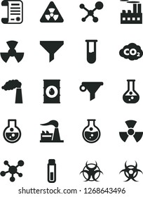 Solid Black Vector Icon Set - round flask vector, manufacture, factory, oil, industrial building, radiation, carbon dyoxide, filter, water, research article, test tube, molecule, nuclear, biohazard