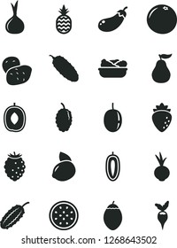 Solid Black Vector Icon Set - lettuce in a plate vector, cucumber, beet, pineapple, raspberry, tasty, mulberry, delicious plum, passion fruit, sweet date, yellow lemon, half of, tamarillo, onion