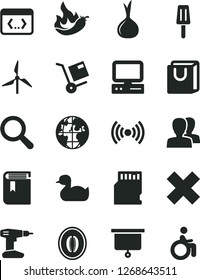 Solid Black Vector Icon Set - magnifier vector, women, cross, book, rubber duck, drill, bag with handles, shipment, popsicle, half melon, hot pepper, onion, windmill, planet, computer, coding