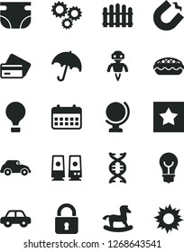 Solid Black Vector Icon Set - nappy vector, motor vehicle, small rocking horse, hedge, lock, bulb, globe, umbrella, apple pie, retro car, horseshoe magnet, three gears, calendar, pc speaker, dna