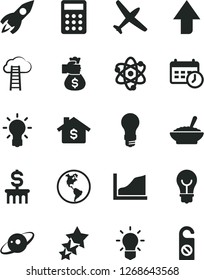 Solid Black Vector Icon Set - upward direction vector, bulb, a bowl of buckwheat porridge, planet Earth, light, rocket, calculator, schedule clock, atom, growth graph, saturn, money bag hand, plane