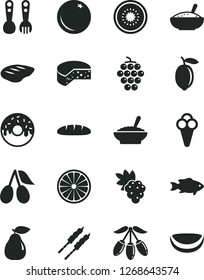Solid Black Vector Icon Set - plastic fork spoons vector, cheese, loaf, glazed cake with a hole, bowl of buckwheat porridge, rice, chop, barbecue, fish, cone, orange, grape, large, pear, cornels