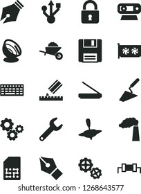 Solid Black Vector Icon Set - small yule vector, gears, garden trolley, trowel, drawing, lock, manufacture, SIM, repair key, keyboard, gpu card, web camera, usb, scanner, floppy, satellite antenna