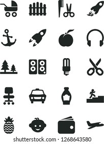 Solid Black Vector Icon Set - scissors vector, baby carriage, accessories for a hairstyle, children's hairdo, hedge, headphones, anchor, car, bottle, ripe peach, pineapple, forest, space rocket