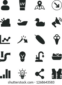 Solid Black Vector Icon Set - graph vector, rubber duck, children's bathroom, kitchen faucet, bulb, map, right bottom arrow, lettuce in a plate, cucumber, cone, water pipes, connection, man, crisis
