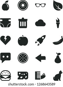 Solid Black Vector Icon Set - left direction vector, nappy, dust bin, broken heart, piece of cheese, big burger, pear, apple, banana, half kiwi, passion fruit, guava, leaf, think, cloud, glasses