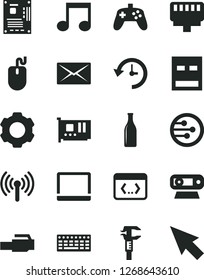 Solid Black Vector Icon Set - caliper vector, Glass bottle, notebook pc, mouse, keyboard, motherboard, card, web camera, usb, network, coding, lan connector, wireless, note, joystick, mail, history