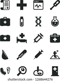 Solid Black Vector Icon Set - first aid kit vector, plus, electronic thermometer e, mercury, bag of a paramedic, medical, temperature, cardiogram, garlic, round flask, research article, test tube
