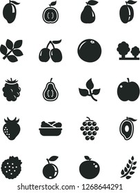 Solid Black Vector Icon Set - lettuce in a plate vector, strawberries, apple, large grape, pear, strawberry, blackberry, blueberry, tasty cornels, mango, half of, ripe plum, delicious, guawa, leaves