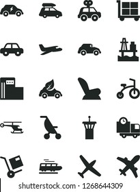 Solid Black Vector Icon Set - cargo trolley vector, car child seat, summer stroller, motor vehicle, present, bicycle, delivery, shipment, sea port, modern gas station, eco, electric transport, retro