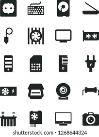 Solid Black Vector Icon Set - keyboard vector, power socket type f, plummet, screen, lens, battery, electric plug, SIM, radiator fan, pc supply, tower, gpu card, monitor, hdd, scanner, resistor