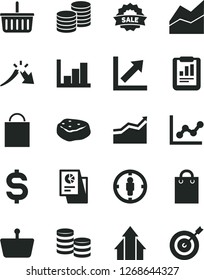 Solid Black Vector Icon Set - paper bag vector, grocery basket, line chart, graph, growth, negative histogram, coins, piece of meat, shopping, goal woman, a crisis, statistical report, research
