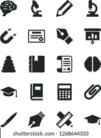 Solid Black Vector Icon Set - Tassel Vector, Calculator, Stacking Rings, Writing Accessories, Notebook, Square Academic Hat, Clip, Magnet, Pencil, Research Article, Presentation, Microscope, Brain