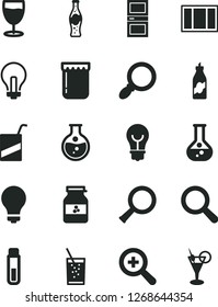 Solid Black Vector Icon Set - matte light bulb vector, incandescent lamp, magnifier, zoom, e, window frame, interroom door, a glass of soda, bottle, jam, jar, liquor, round flask, test tube