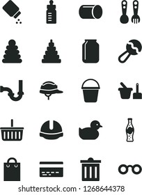 Solid Black Vector Icon Set - bin vector, grocery basket, bank card, feeding bottle, baby powder, beanbag, duckling, stacking rings, toy, sand set, plastic fork spoons, bucket, sewerage, of soda