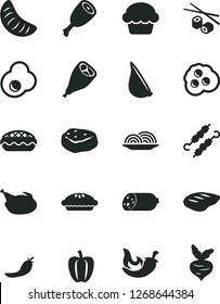 Solid Black Vector Icon Set - sausage vector, onion, cake, pie, apple, chicken, thigh, grill leg, chop, meat on skewers, piece of, chili, garlic, Chinese chopsticks, fried egg, omelette, Bell pepper