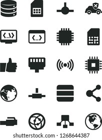 Solid Black Vector Icon Set - thumb up vector, big data, autopilot, SIM card, connection, hierarchical scheme, cpu, network, connect, coding, lan connector, wireless, earth