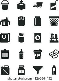 Solid Black Vector Icon Set - wicker pot vector, measuring cup for feeding, bottle, powder, e, bucket, dust bin, bag with handles, unpacking, tin, popcorn, coffe to go, jar of jam, sea port, oil