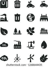 Solid Black Vector Icon Set - drop vector, bag with handles, working oil derrick, leaf, wind energy, factory, hydroelectric station, forest, industrial building, environmentally friendly transport