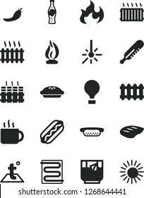 Solid Black Vector Icon Set - mercury thermometer vector, heating coil, temperature, radiator, new, Hot Dog, mini, pie, chop, cup of tea, a glass, bottle soda, red pepper, outdoor, cast iron, flame