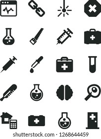 Solid Black Vector Icon Set - mark of injury vector, spectacles, first aid kit, mercury thermometer, bag a paramedic, medical, arm saw, estimate, cardiogram, round flask, outdoor, test tube, brain