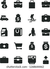 Solid Black Vector Icon Set - briefcase vector, paper bag, of a paramedic, medical, portfolio, suitcase, with handles, package, glass tea, cart, money, dollars, hand, car baggage, backpacker
