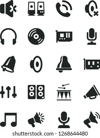 Solid Black Vector Icon Set - bell vector, desktop microphone, horn, loudspeaker, silent mode, drumroll, headphones, CD, no sound, phone call, pc card, speaker, note, settings
