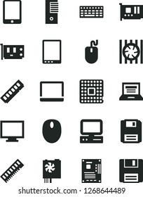 Solid Black Vector Icon Set - laptop vector, monitor, processor, computer, tablet pc, notebook, radiator fan, mouse, keyboard, power supply, tower, motherboard, memory, card, floppy