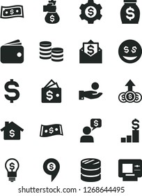 Solid Black Vector Icon Set - coins vector, column of, denomination the dollar, catch a coin, wallet, money, bag hand, mortgage, pedestal, gear, idea, eyes, growth, mail, dialog, pin, atm