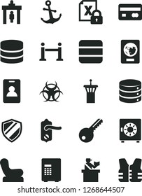 Solid Black Vector Icon Set - Baby chair vector, key, door knob, anchor, big data, strongbox, reverse side of a bank card, encrypting, biohazard, airport tower, rope barrier, identity, security gate