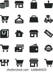 Solid Black Vector Icon Set - paper bag vector, motor vehicle present, cart, crossed, with handles, cards, kiosk, coins, hanger, stall, shopping, basket, wallet, hand, season sale, mortgage, store
