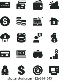 Solid Black Vector Icon Set - dollar vector, cards, reverse side of a bank card, front the, coins, column, wallet, purse, dollars, cash, machine, cashbox, money bag hand, rain, coin, mortgage, atm