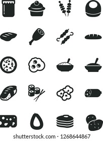 Solid Black Vector Icon Set - baby bib vector, sausage, stick of, piece cheese, loaf, fried vegetables on sticks, pizza, muffin, a bowl buckwheat porridge, rice, chicken thigh, chop, meat skewers