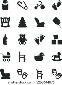 Solid Black Vector Icon Set - cradle vector, measuring bottle for feeding, powder, baby, chair, car child seat, carriage, open pin, duckling, stacking rings, a, small teddy bear, footprints
