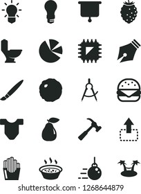 Solid Black Vector Icon Set - tassel vector, Child T shirt, big core, toilet, hammer with claw, move up, burger, porridge in a saucepan, cabbage, fried potato slices, pear, tasty raspberry, smd