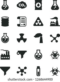 Solid Black Vector Icon Set - round flask vector, manufacture, factory, oil, barrel, industrial building, radiation, carbon dyoxide, filter, water, research article, test tube, molecule, nuclear