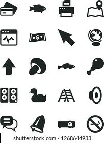Solid Black Vector Icon Set - upward direction vector, loudspeaker, rubber duck, ladder, bell, cardiogram, porcini, chicken leg, small fish, dollar, printer, pc speaker, projector, cursor, globe