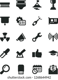 Solid Black Vector Icon Set - horn vector, diaper, radiator fan, pc card, usb flash, wireless, repair, schedule clock, settings, nuclear, zoom, pipette, graduate hat, presentation board, finger up