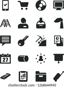 Solid Black Vector Icon Set - image of thought vector, monitor window, daily calendar, ladder, key, folder, put in a box, coal mining, manufacture, pipe, shopping cart, statistical report, research